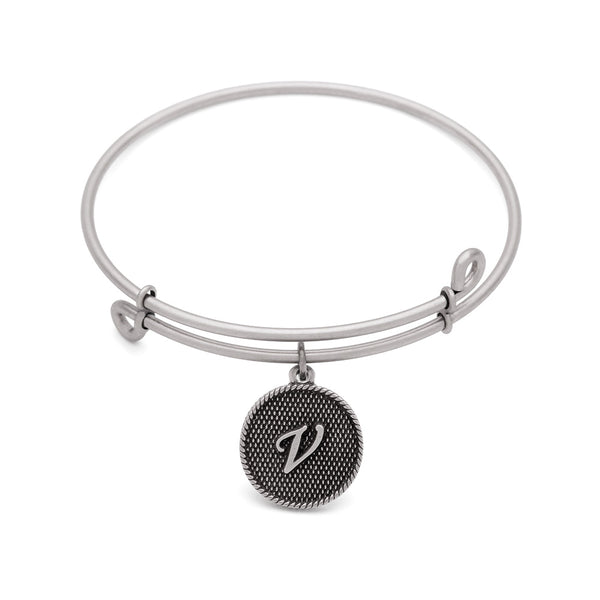 Initial V, Bangle Antique Silver Color Finish