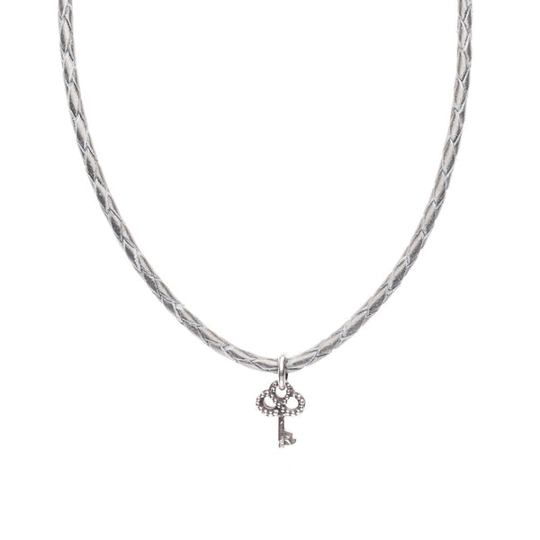 Necklace Leather Braided - Silver, M (24-26inch/61-66cm)