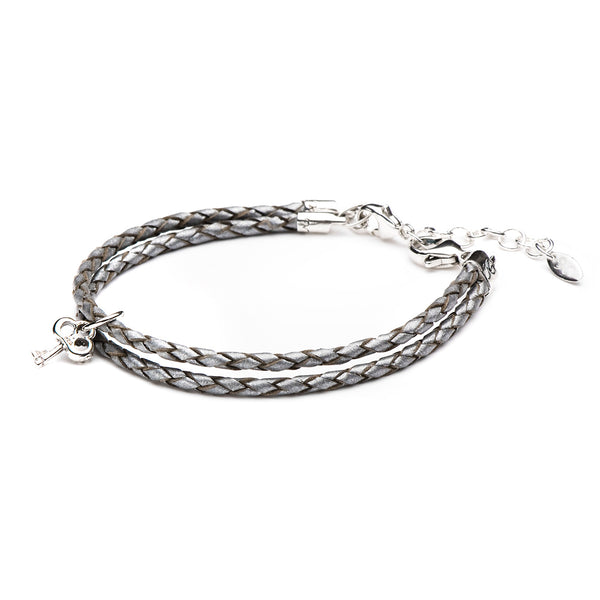 Bracelet Leather Braided - Silver, M (7-8.5inch/18-22cm)