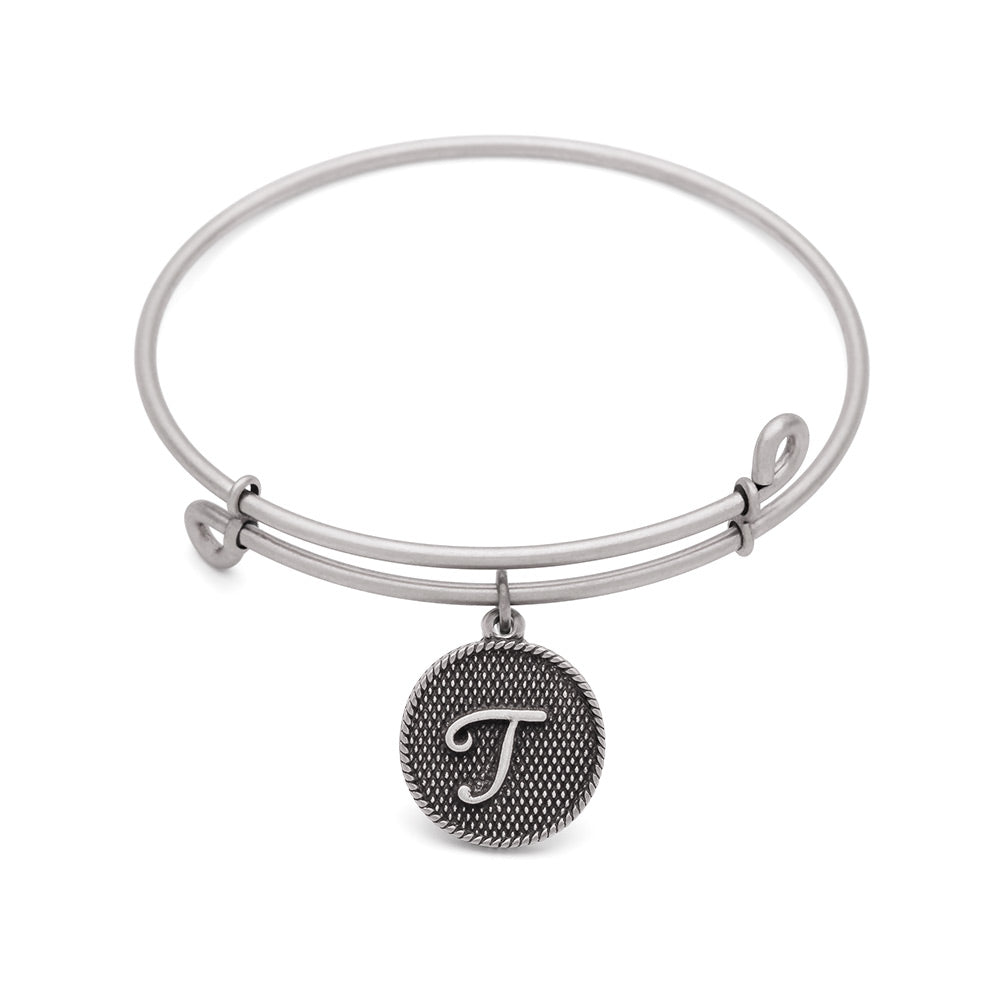 SOL Initial T, Bangle Antique Silver Color Finish