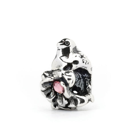 Novobeads Robin on Apple Blossom, Silver with Crystals