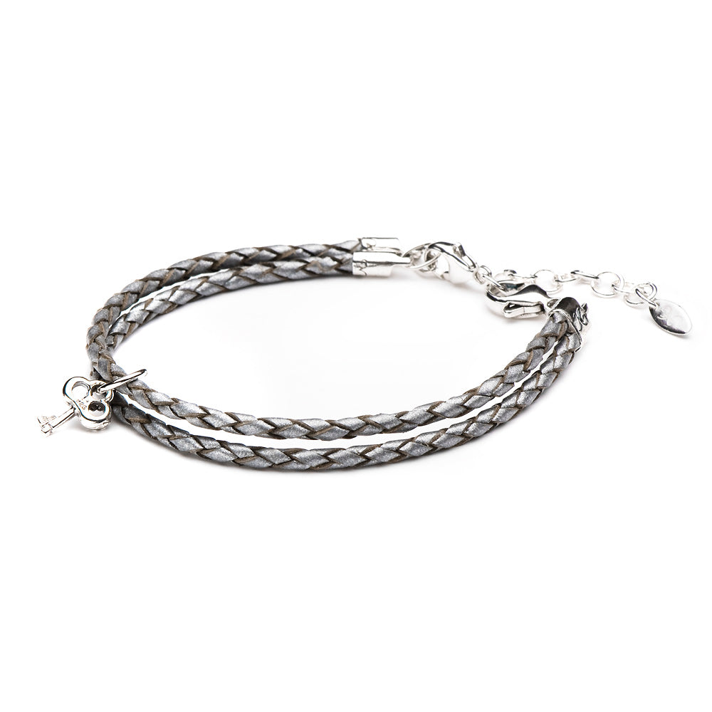 Novobeads Bracelet Leather Braided - Silver, M (7-8.5inch/18-22cm)